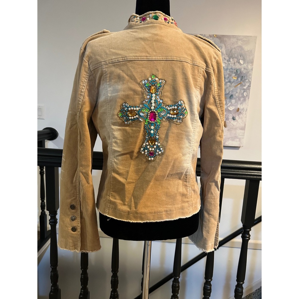 Ivu Jane Tan Corduroy Beaded Cross Jacket Western Embellished 117300 Womens M